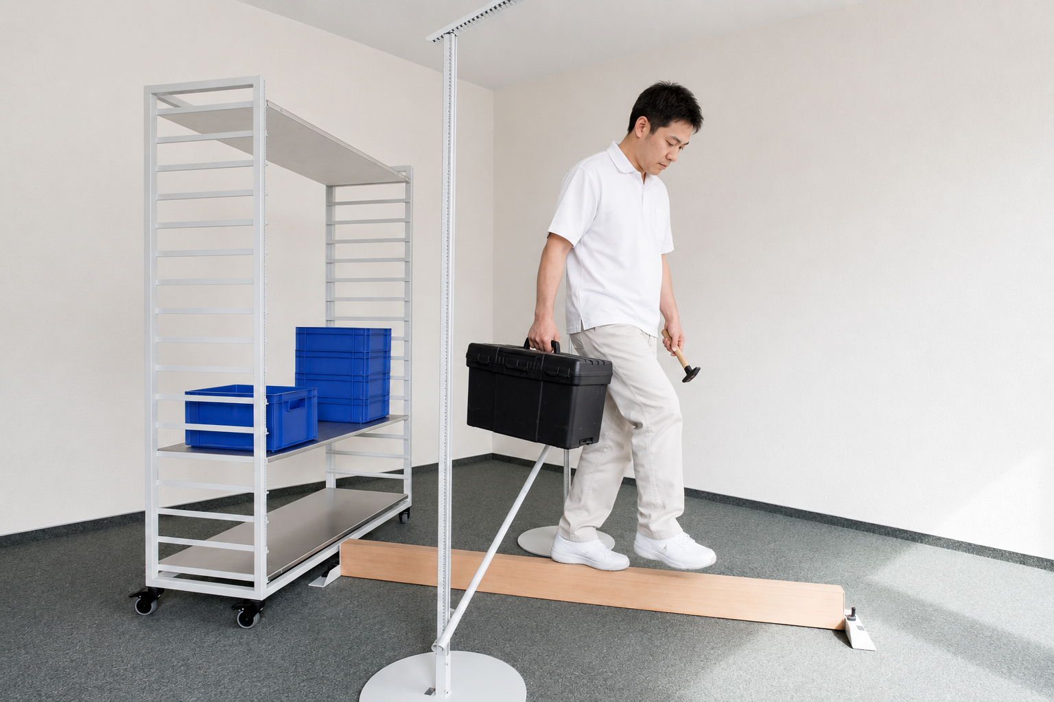 Patient trägt Last über Balancierbalken WP 11 und Parcourstange WP 06 zum Arbeitsregal WP 01