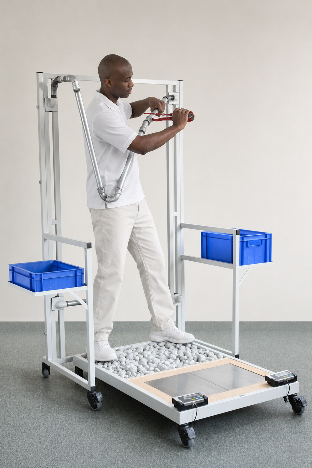 Patient arbeitet am Standgerät Grobmotorik WP 09, stehend auf der Multifunktionsbox WP 12