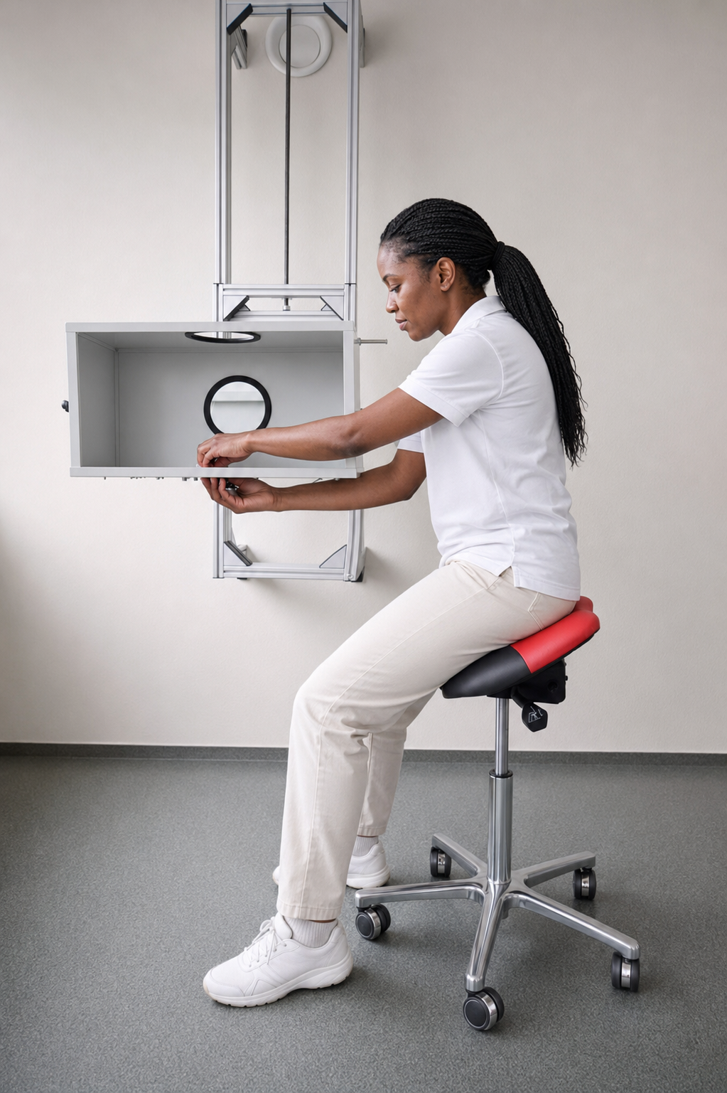 Patient arbeitet sitzend am Wandsystem WP 03 mit dem Sitzhocker WP Swippo classic