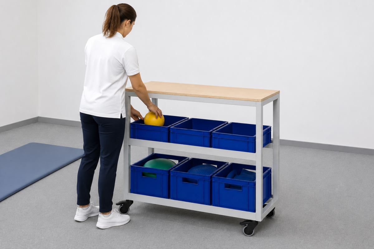 Patientin sortiert Therapiegegenstände in die Kisten des WorkPark WP 02