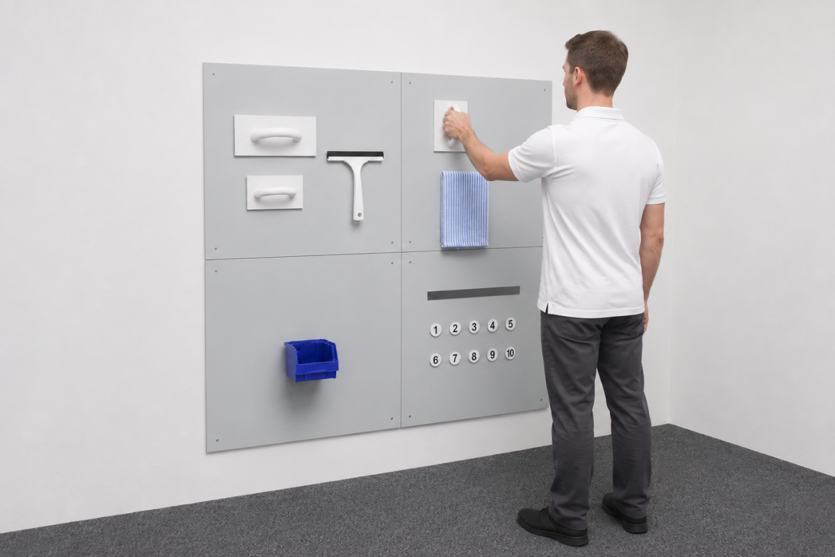 Patient trainiert die Armreichweite an der WorkPark Magnettafel WP 10