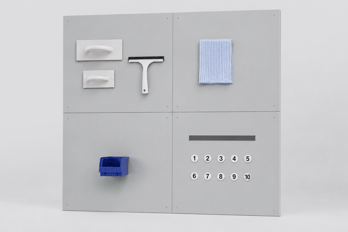 WorkPark Magnettafel WP 10 mit Griffen, Wischer, Tuch, Kiste und Zahlen